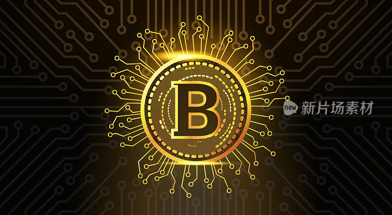 黄金比特币加密货币Icon Over Dark Circuit背景下的现代网络货币概念